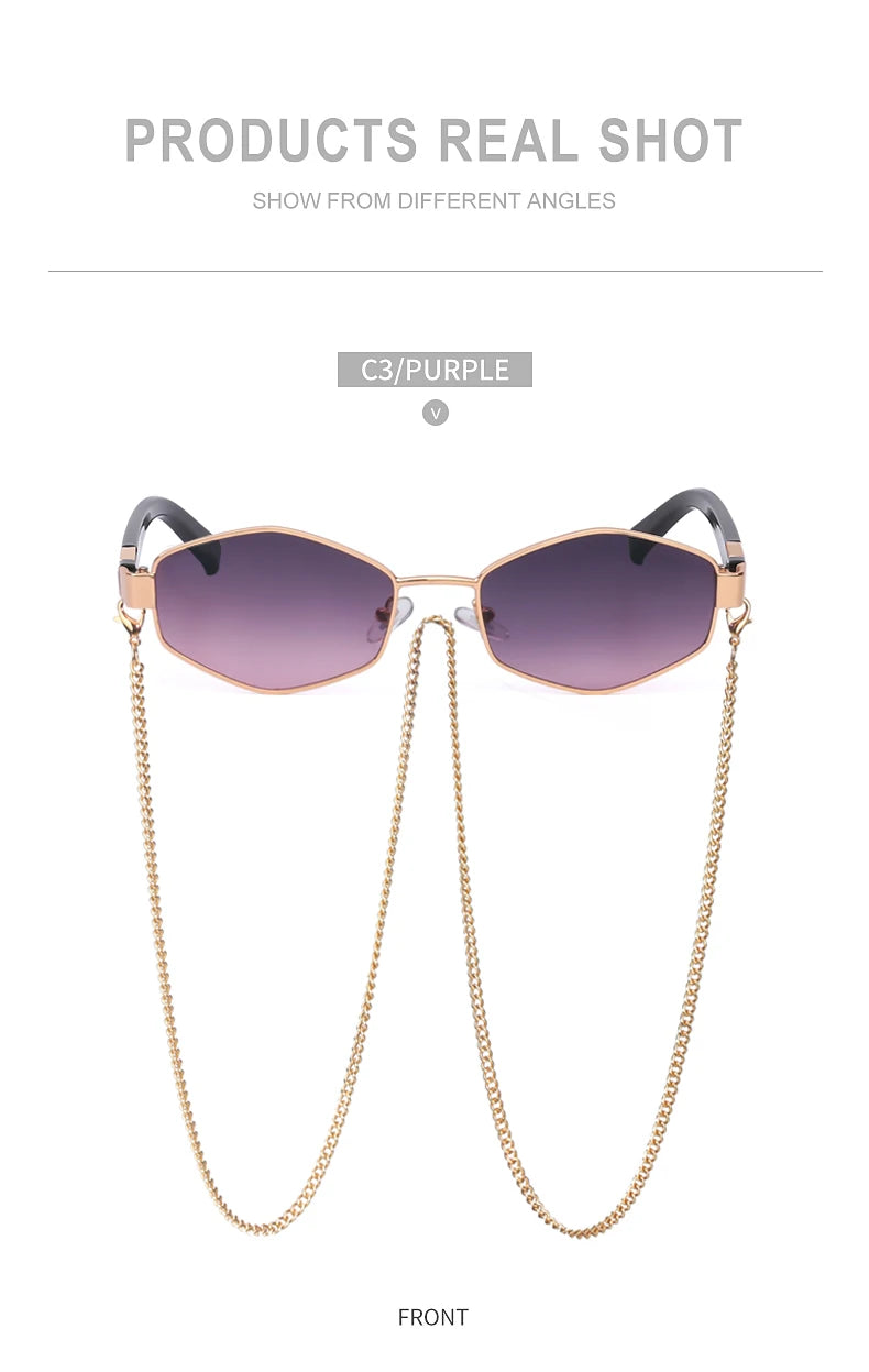 Sexy Small Frame Hexagon Sunglasses Women With Chain 2025 Luxury Brand Designer Punk Sun Glasses For Ladies Shades Gafas De Sol