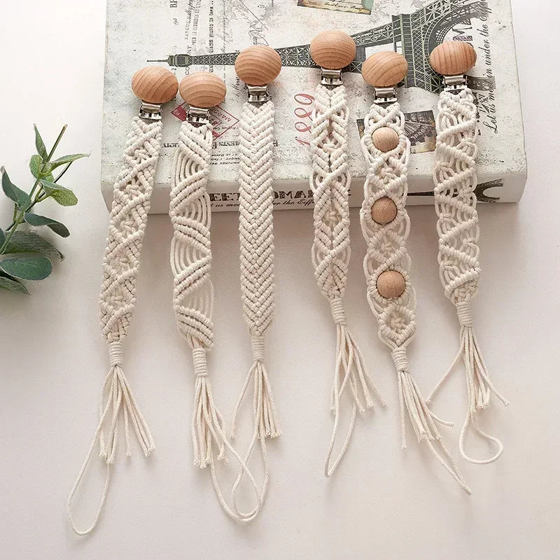 Vintage Simple Crochet Pacifier Chain for Newborn Teething Soother Chew Dummy Clips Hand Made Clip Baby Cotton Tassel Pacifier
