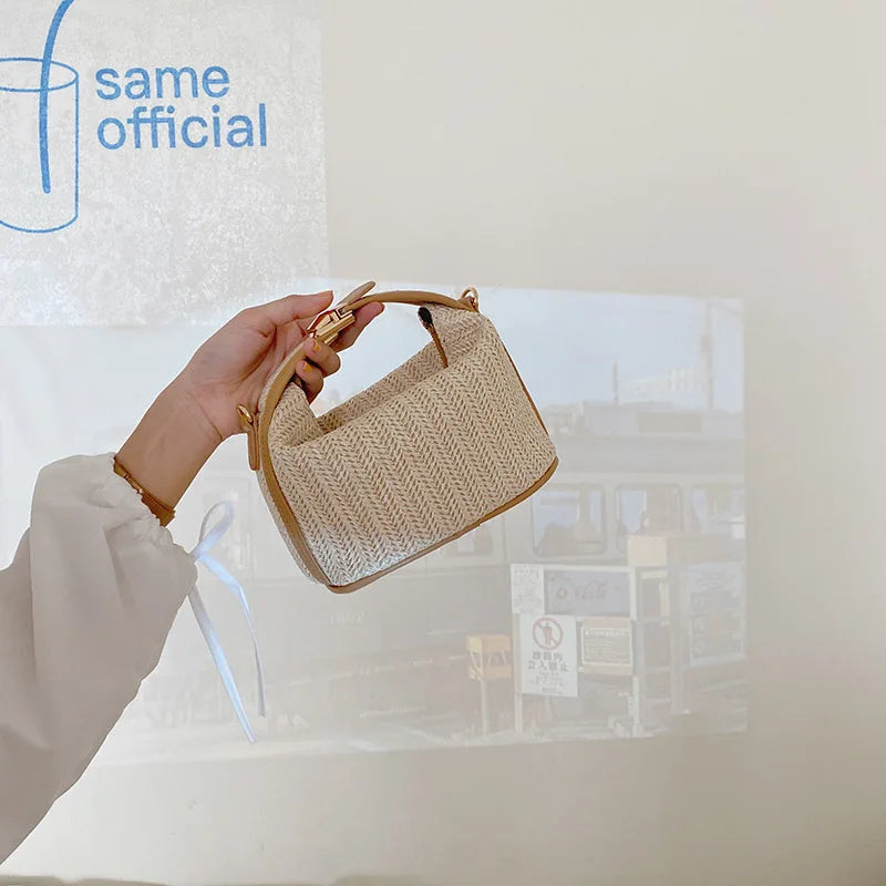 Yogodlns Summer Small Straw Handbag Trendy Shoulder Bag Woven Bucket Crossbody Bag Casual Seaside Beach Bag Gilrs Handle Tote