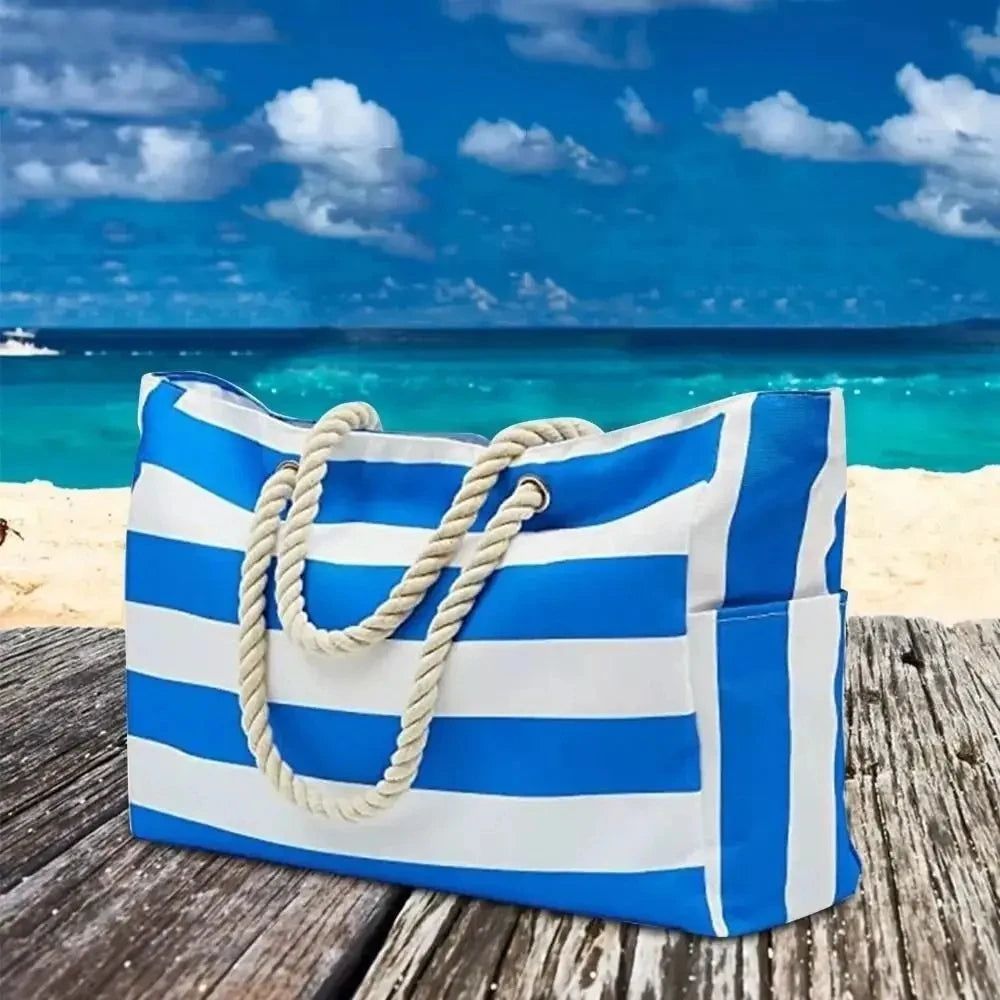 Bohemian Zipper Striped Shoulder Bags Large Capacity Canvas Outdoor Travel Tote Storage Women Camping Swim Pool Beach Bag
