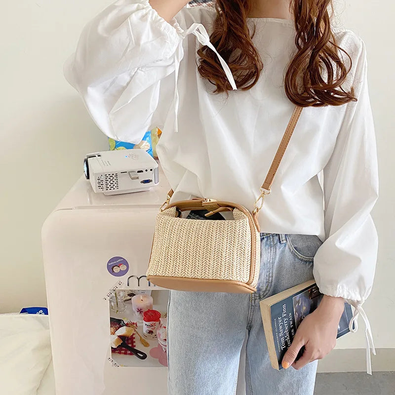 Yogodlns Summer Small Straw Handbag Trendy Shoulder Bag Woven Bucket Crossbody Bag Casual Seaside Beach Bag Gilrs Handle Tote