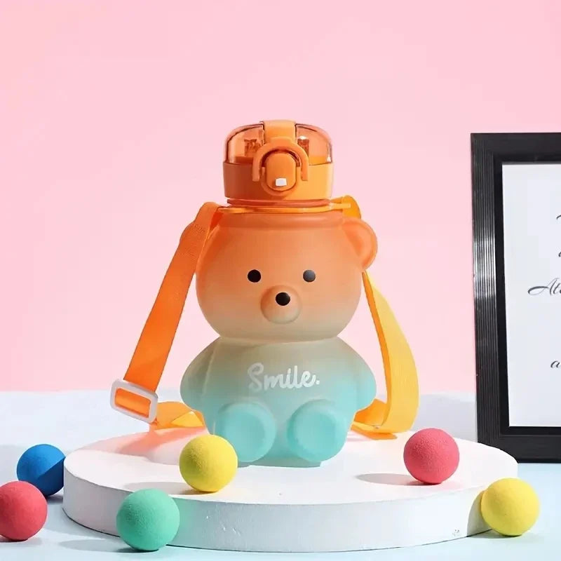 Kawaii Bear Water Straw Bottle 700ml Cute Kids Portable Leakproof Drinking Cups with Strap for Girl School Outdoor Traveling