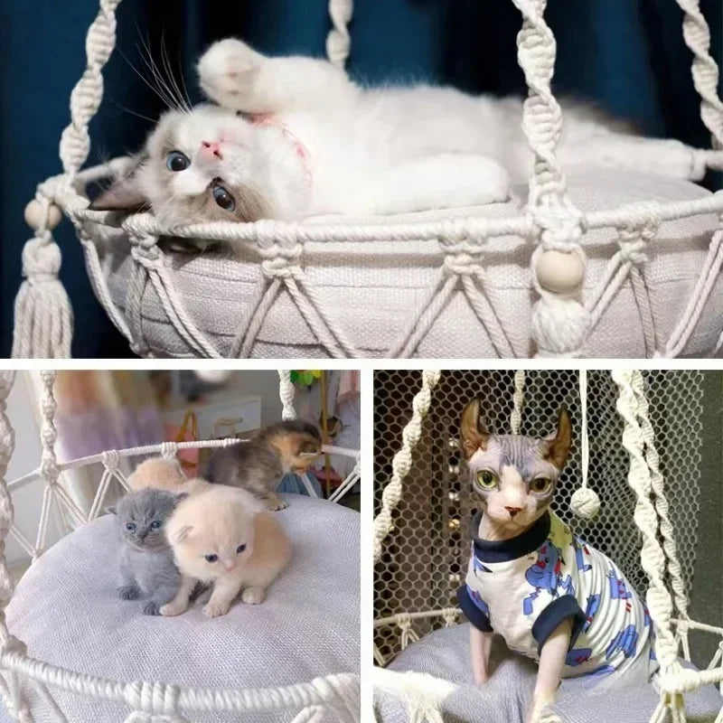New Pet Hammock Cat Swing Hand Woven Cotton Rope Hanging Basket for Indoor Cats Kitten Cozy Nest Pets Supplies