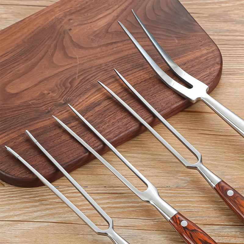 Stainless Steel Portable Outdoor BBQ Barbecue Tool with Wooden Handle, Food Meat Fork