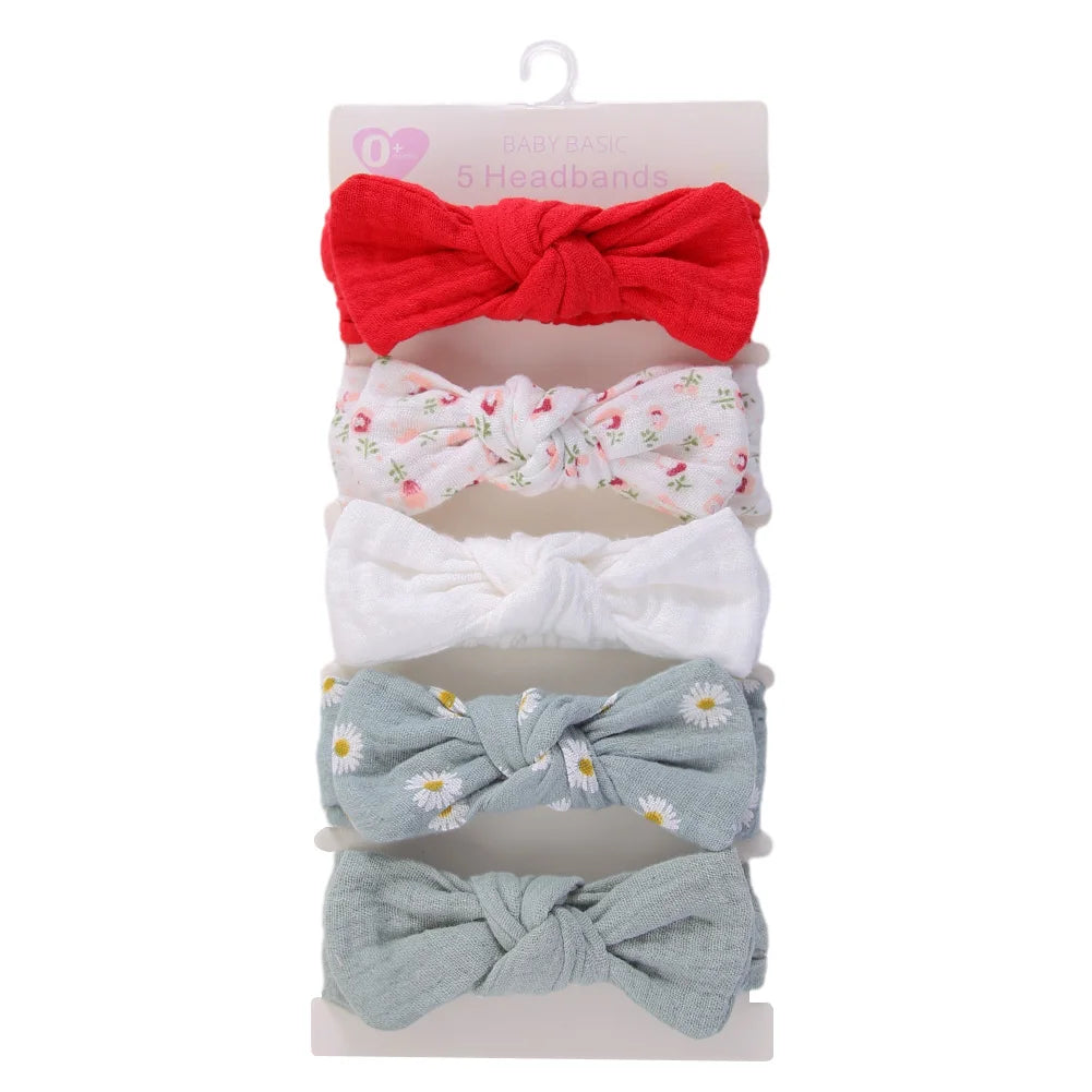 5Pcs/Set Solid Muslin Cotton Linen Baby Headband Elastic Rabbit Ear Hair Band Infant Girl Turban Headwraps Stretch Accessories