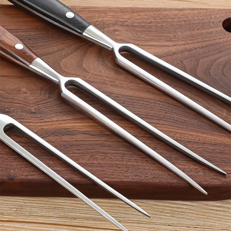 Stainless Steel Portable Outdoor BBQ Barbecue Tool with Wooden Handle, Food Meat Fork