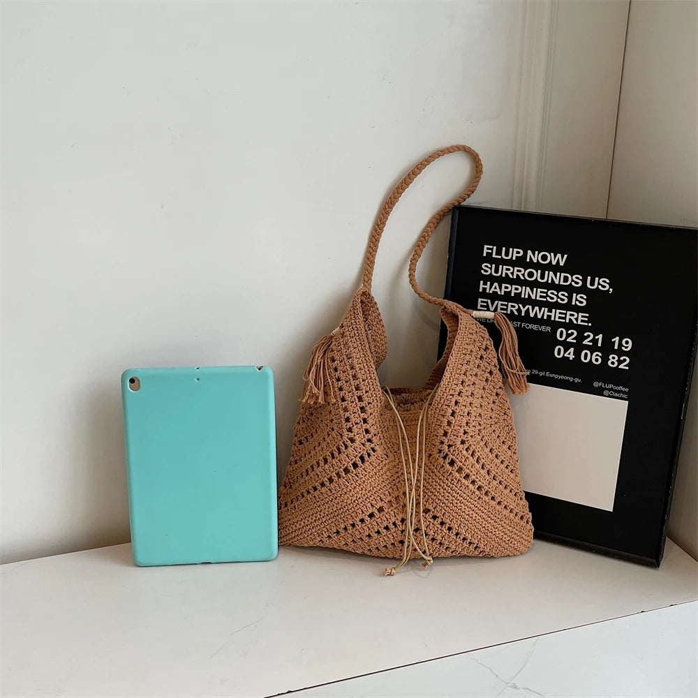 Crochet 2-IN-1 Shoulder Bag Set For Women Raffia Boho Rattan Summer Beach Vacation Tote Bags Knitted Design Handbags Female 2025