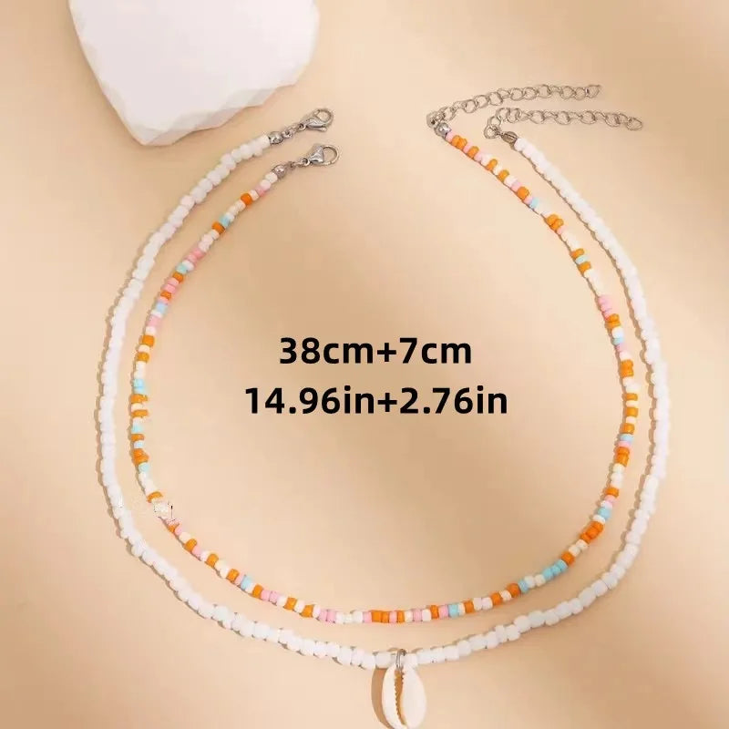 Fashion New Bohemia Soft Clay Shell Star Sun Pendant Chain Layered Necklace for Women Girls Summer Beach Simple Layered Necklace