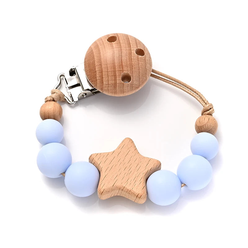 New Baby Pacifier Chain Clips Wood Pentagram Teether Silicone Round Beads Teething Chain For Care Soother Chew Toys Shower Gift