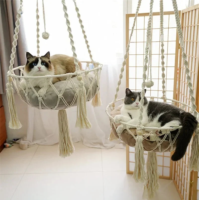 New Pet Hammock Cat Swing Hand Woven Cotton Rope Hanging Basket for Indoor Cats Kitten Cozy Nest Pets Supplies