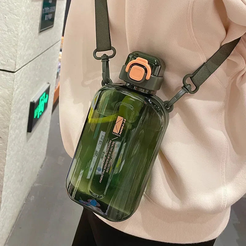 Flat Square Transparent Water Bottle Portable Travel Canteen with Adjustable Strap Elegant Slim Bottle for Sport Camping