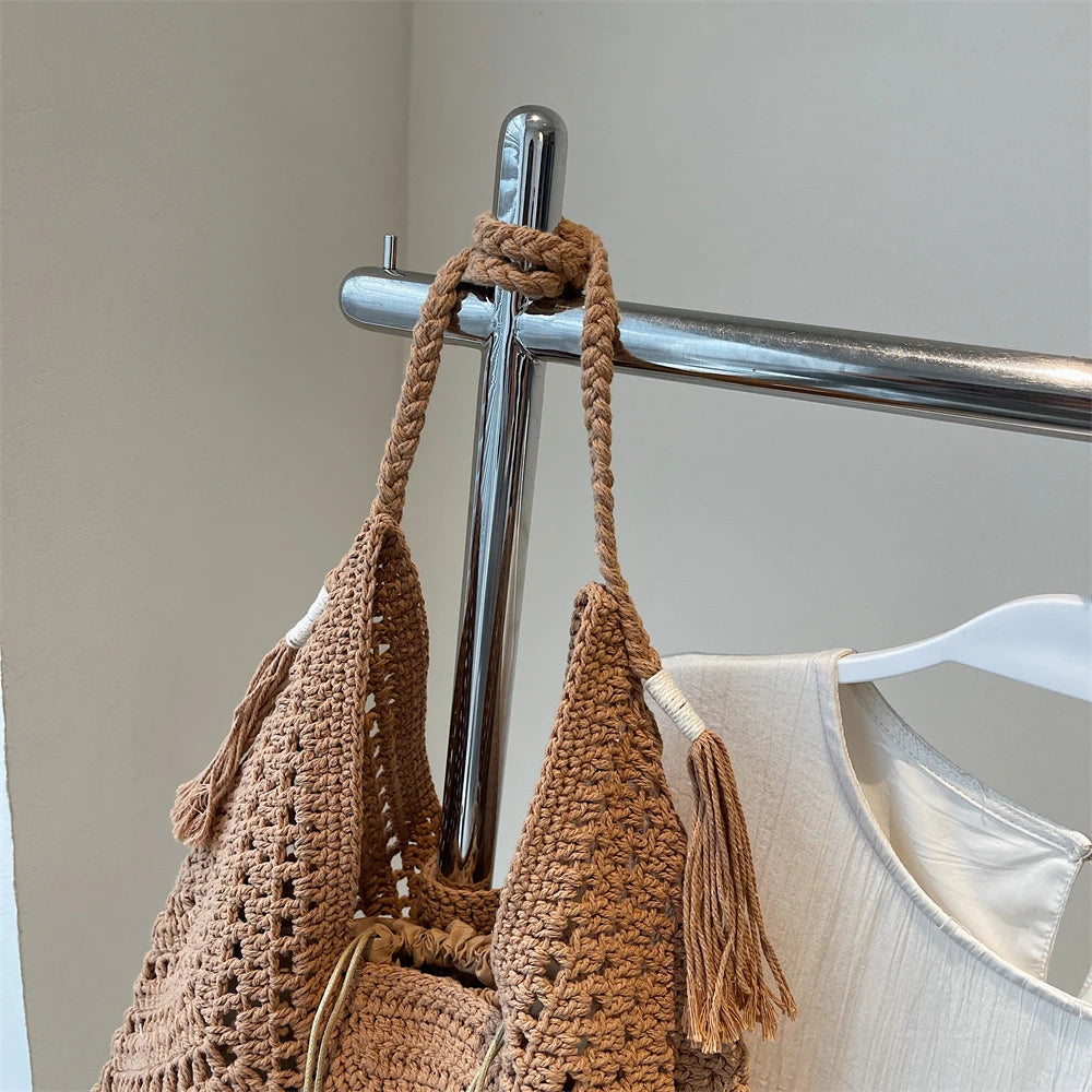 Crochet 2-IN-1 Shoulder Bag Set For Women Raffia Boho Rattan Summer Beach Vacation Tote Bags Knitted Design Handbags Female 2025