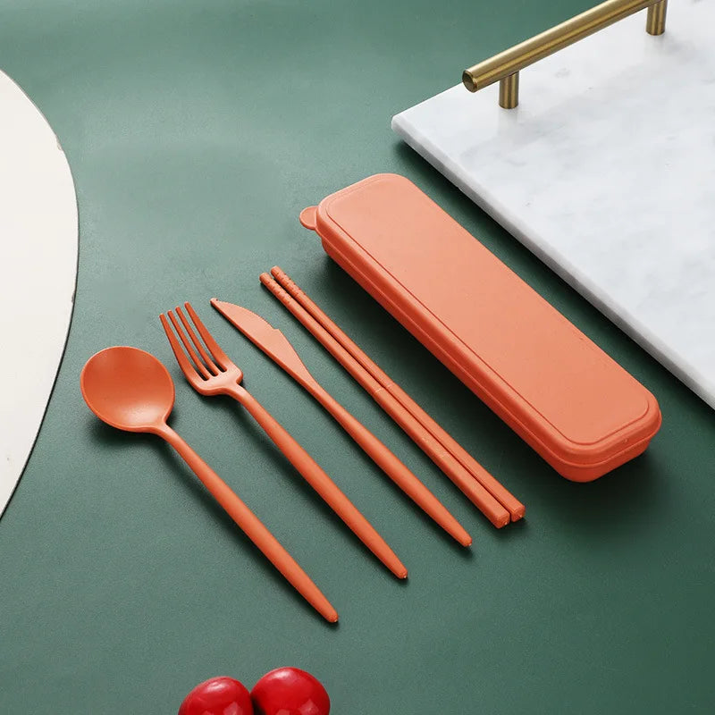 4-piece Wheat Straw Tableware Knives Forks Spoons Chopsticks New Portuguese Plastic Portable Tableware Set Dinnerware Set