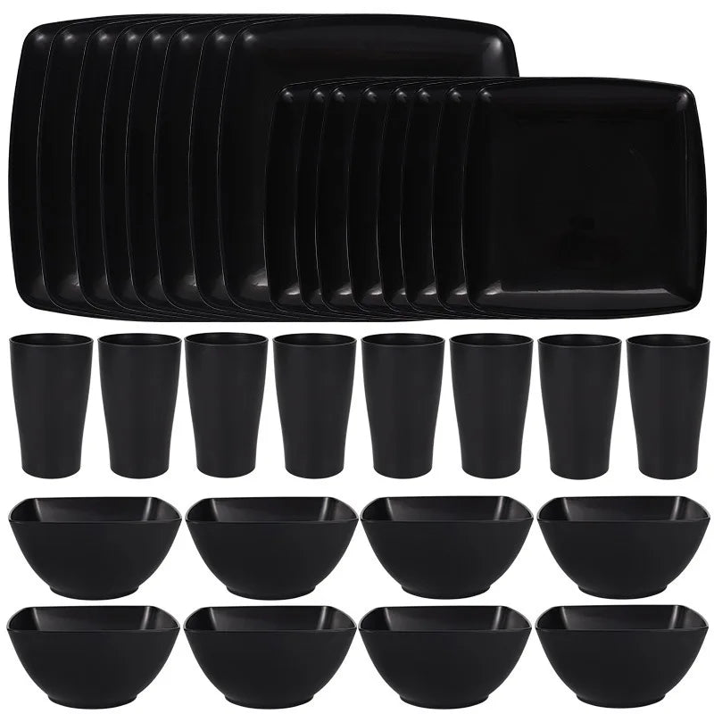 16/32Pcs Plastic Dinnerware Set -DurableDishwasher Safe Microwave Safe Stackable Includes Dinner Plates Salad Plates Snack Bowls