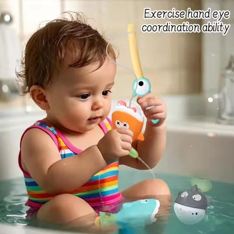 Summer Shark Floating Water Toy Magnetic Fishing Game With Water Effects Kids Pool Bath Toy Fun Colorful Sensory Sprinkling Toy