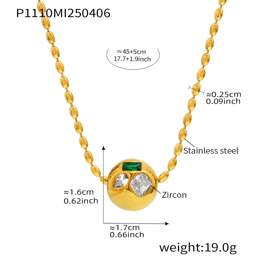 Shiny Red Green Zircon Necklace Womens Stainless Steel Gold Plated Beaded Chain Ball Pendant Necklace Female Luxury Jewellery