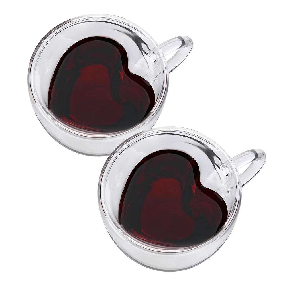 1/2pcs Heart Cup Couple Cup Double Layer Glass Insulated Clear Tea Cups with Handle for Coffee,Cappuccino, Latte, Milk Drinkware