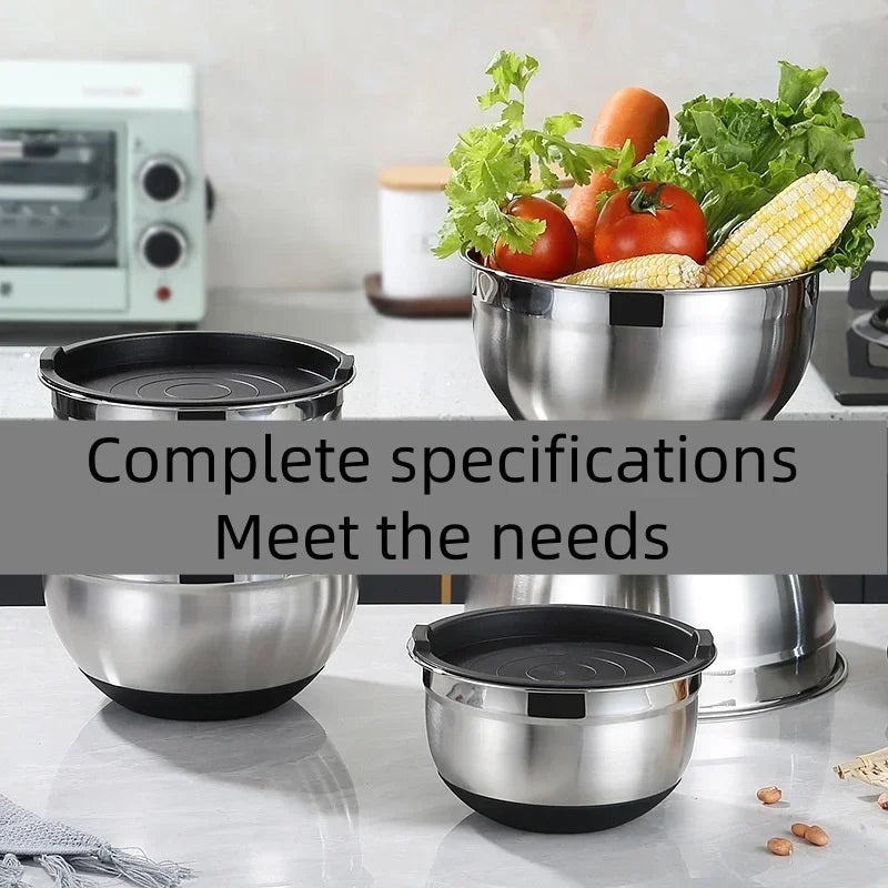 1/6PCS Silicone Bottom Thickened with Lid Cooking Basin Stainless Steel Egg Beating Basin Salad Mixing Basin Kitchen Baking