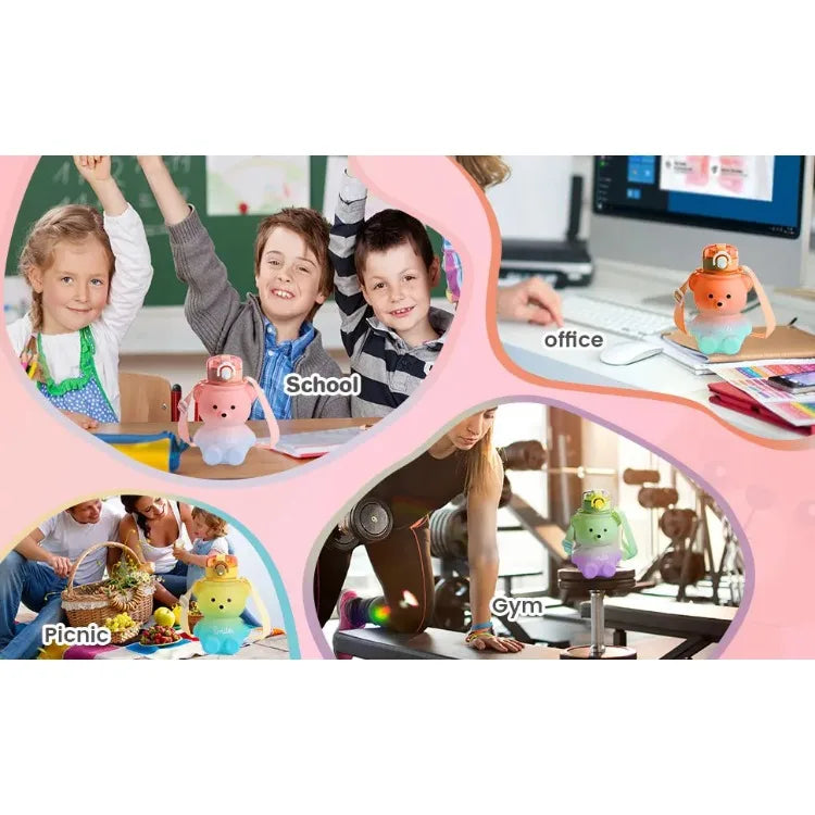 Kawaii Bear Water Straw Bottle 700ml Cute Kids Portable Leakproof Drinking Cups with Strap for Girl School Outdoor Traveling
