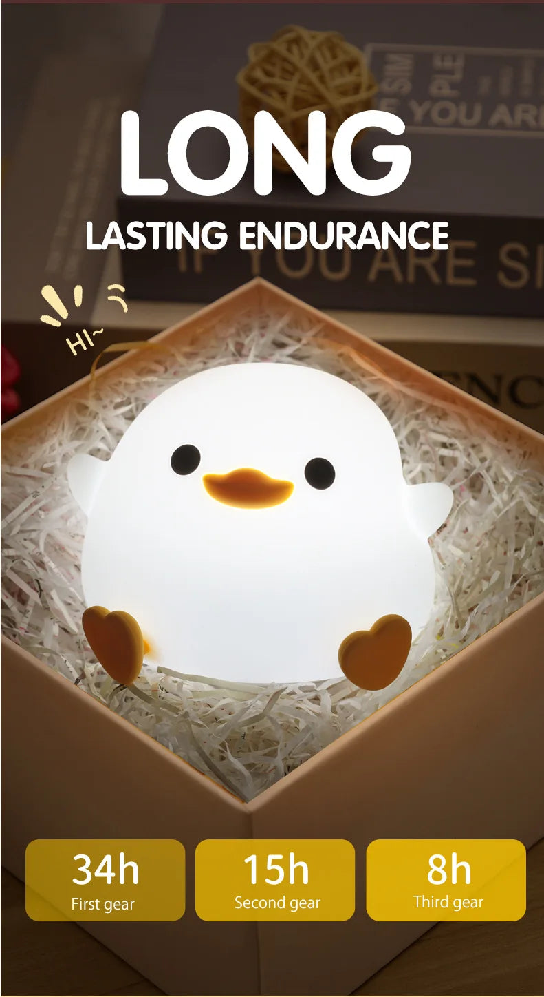 LED Night Light Cute Duck Cartoon Animals Decor Silicone Lamp for Children Kid Touch Sensor Timing USB Rechargeable for Birthday