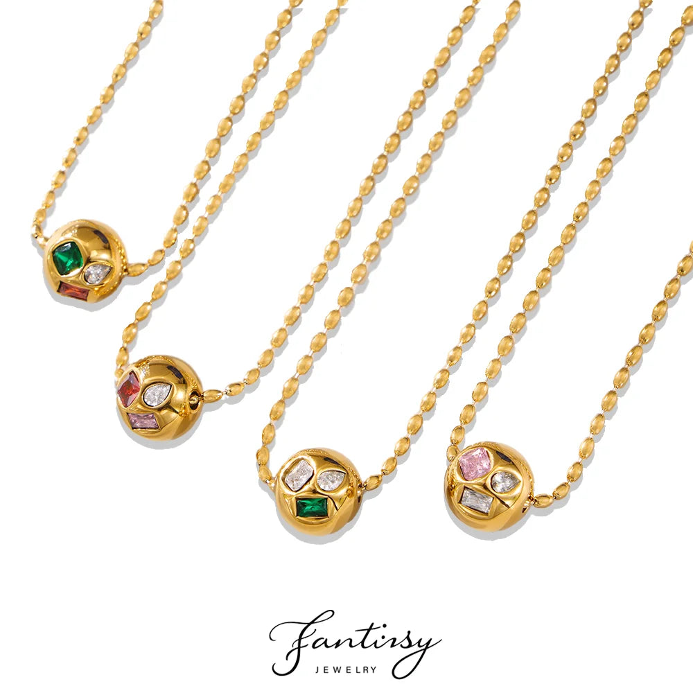 Shiny Red Green Zircon Necklace Womens Stainless Steel Gold Plated Beaded Chain Ball Pendant Necklace Female Luxury Jewellery