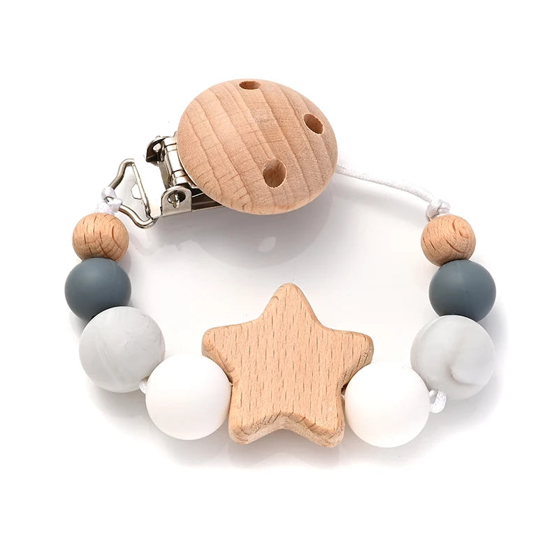 New Baby Pacifier Chain Clips Wood Pentagram Teether Silicone Round Beads Teething Chain For Care Soother Chew Toys Shower Gift