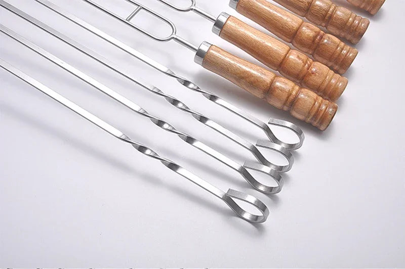 10 PCS/Set Stainless Steel Wire BBQ Skewers Wood Handle Grill Roasting Sticks Outdoor Camping BBQ Tools Storage Bag Kit