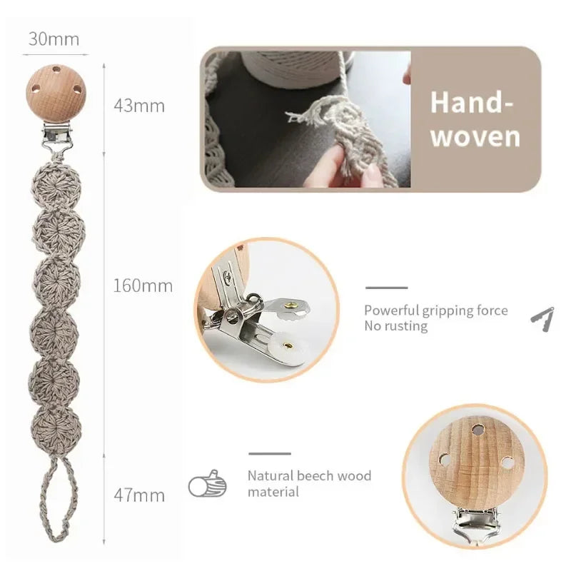 Vintage Simple Crochet Pacifier Chain for Newborn Teething Soother Chew Dummy Clips Hand Made Clip Baby Cotton Tassel Pacifier