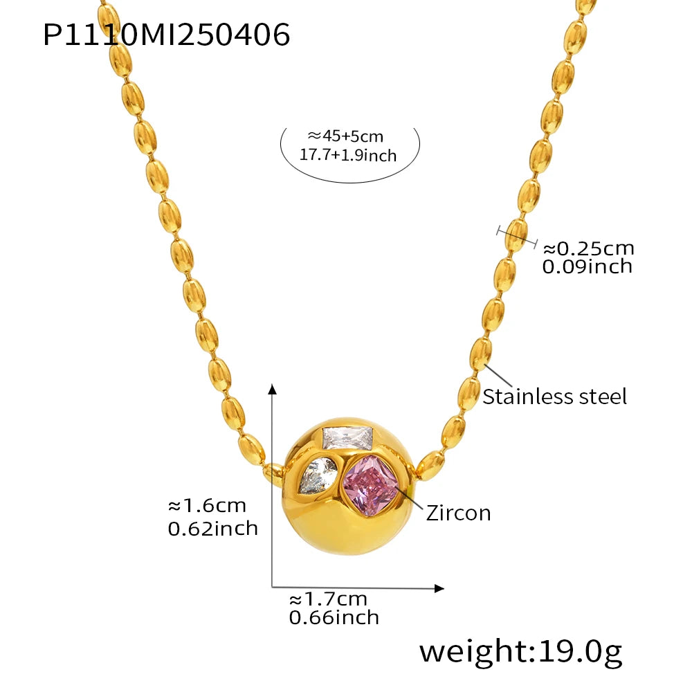 Shiny Red Green Zircon Necklace Womens Stainless Steel Gold Plated Beaded Chain Ball Pendant Necklace Female Luxury Jewellery