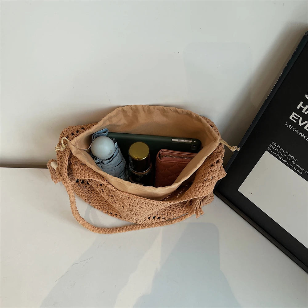 Crochet 2-IN-1 Shoulder Bag Set For Women Raffia Boho Rattan Summer Beach Vacation Tote Bags Knitted Design Handbags Female 2025