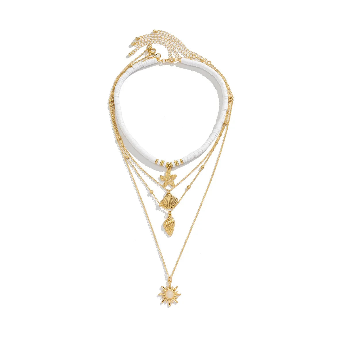 Boho Shell Starfish Shape Pendant Necklace for Women Imitation Pearl Layered Chain Necklace Summer Beach Neck Jewelry