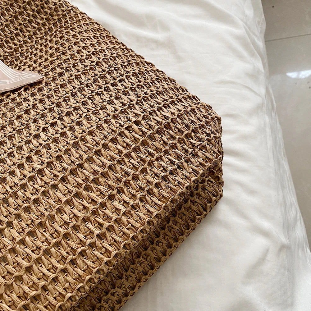 Women Straw Tote Handbag Large Capacity Crochet Beach Handbag Zipper Closure Retro Straw Handbag Ladies Summer Daily Bag