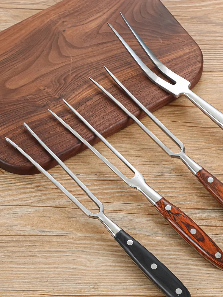 Stainless Steel Portable Outdoor BBQ Barbecue Tool with Wooden Handle, Food Meat Fork
