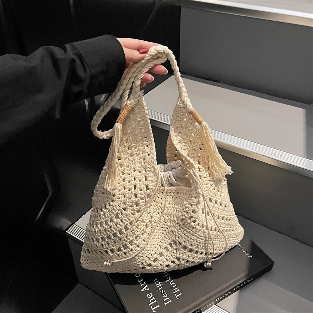 Crochet 2-IN-1 Shoulder Bag Set For Women Raffia Boho Rattan Summer Beach Vacation Tote Bags Knitted Design Handbags Female 2025