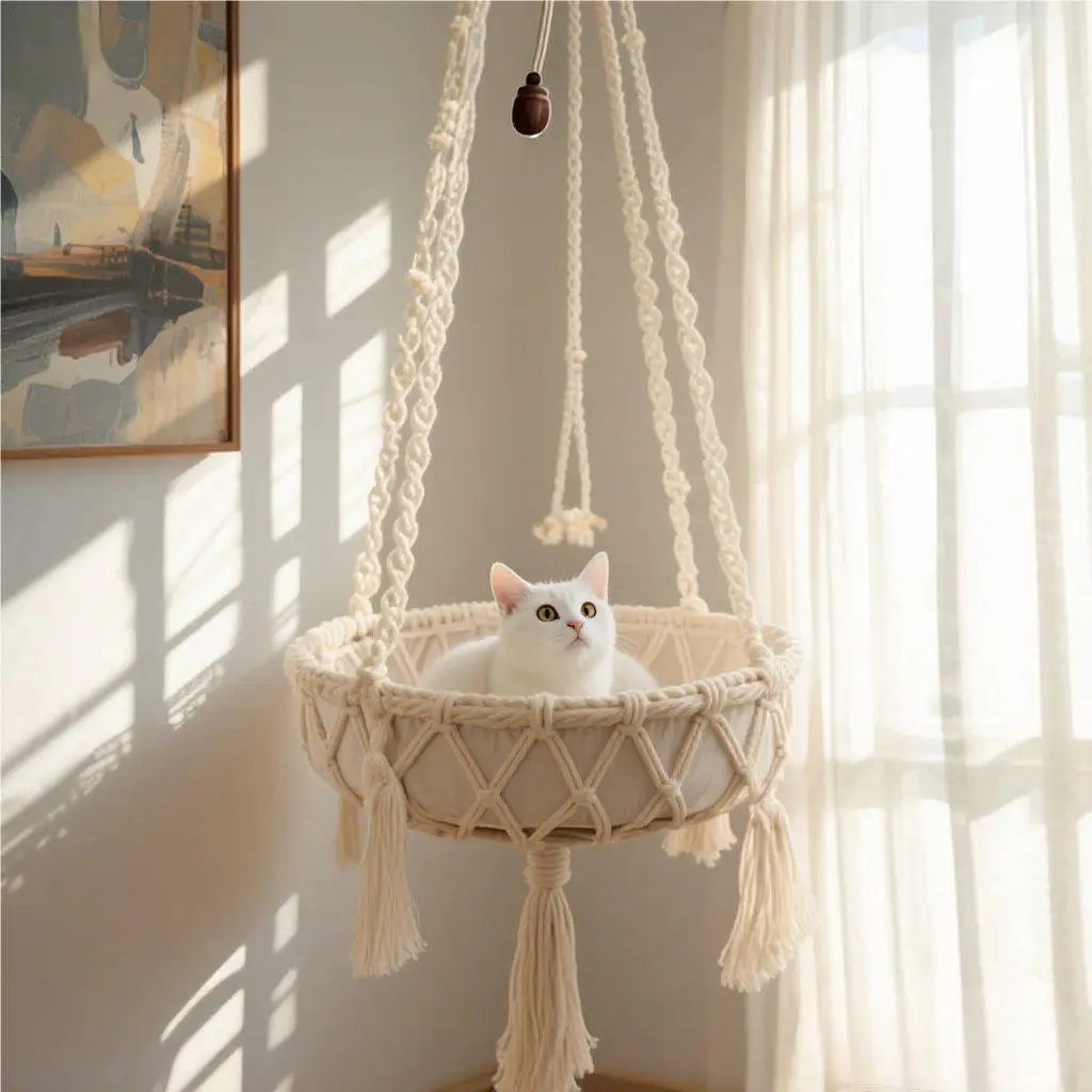 New Pet Hammock Cat Swing Hand Woven Cotton Rope Hanging Basket for Indoor Cats Kitten Cozy Nest Pets Supplies
