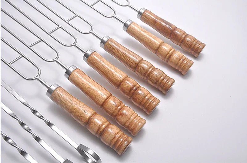 10 PCS/Set Stainless Steel Wire BBQ Skewers Wood Handle Grill Roasting Sticks Outdoor Camping BBQ Tools Storage Bag Kit