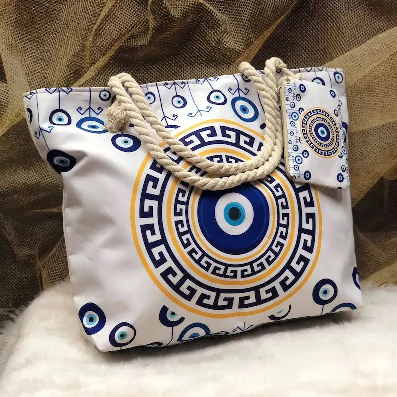 1pcs Evil Eye Women's Beach Bag Polyester Large Capacity Tote Shoulder Bag Customizable Logo Seaside Travel Bag