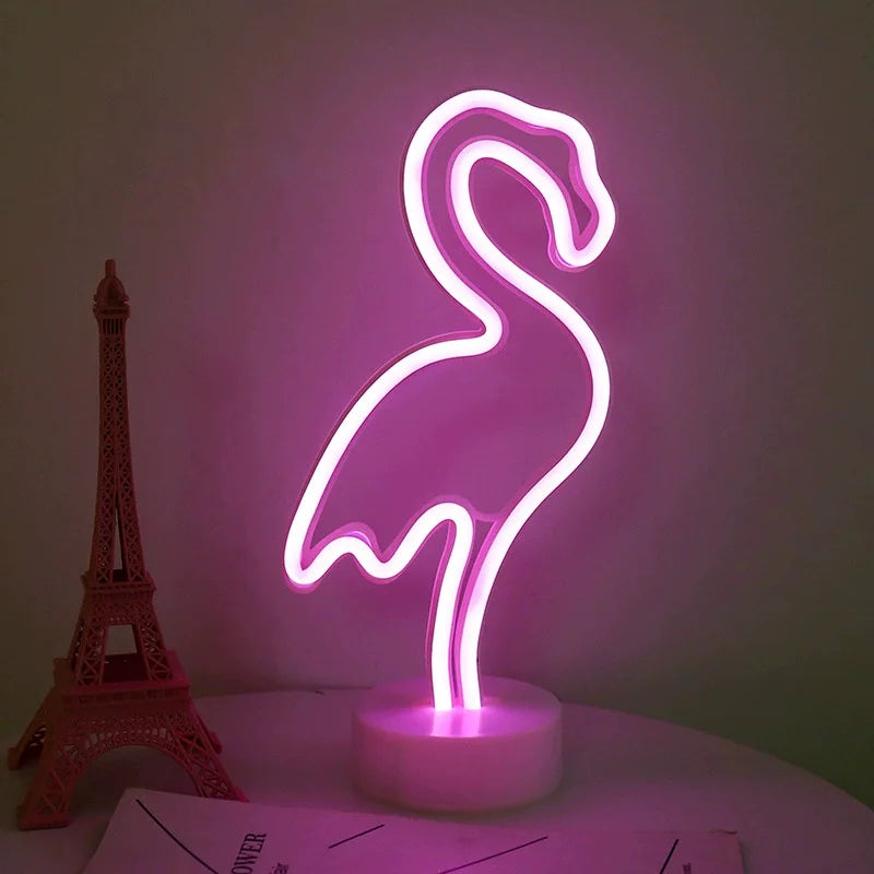 Battery/USB LED Neon Night Light Sign Flamingo Coconut Tree Cactus Table Lamp Kids Birthday Gifts Bedroom Christmas Art Decor