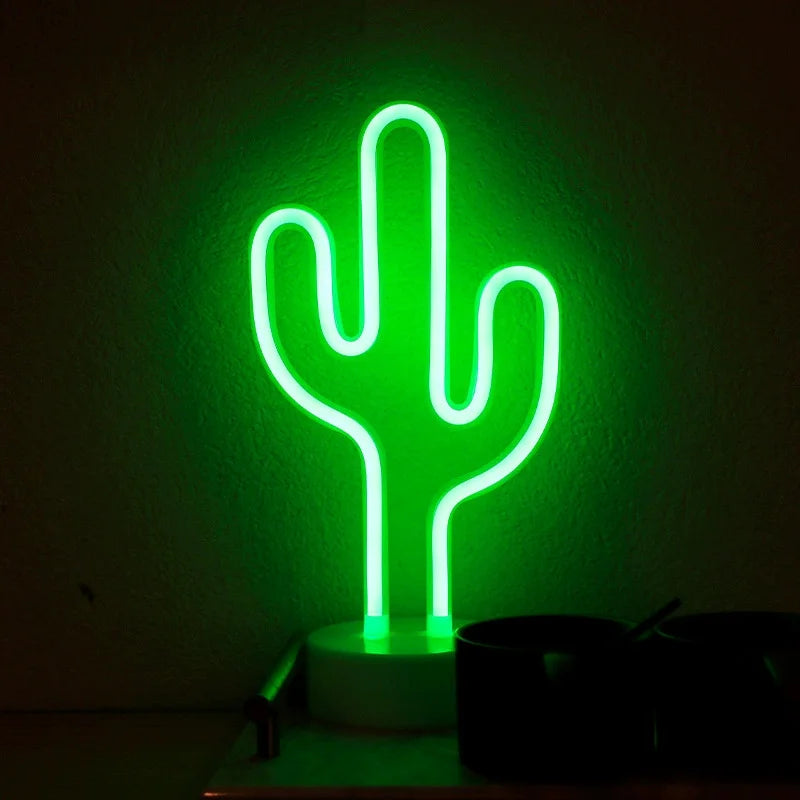 Battery/USB LED Neon Night Light Sign Flamingo Coconut Tree Cactus Table Lamp Kids Birthday Gifts Bedroom Christmas Art Decor
