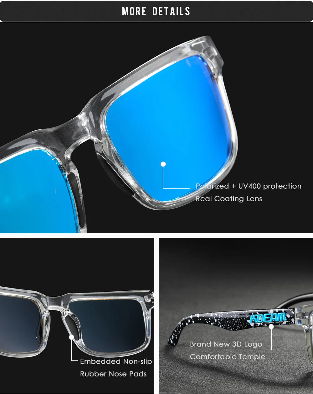 New KDEAM Brand High Quality Men Square Sunglasses Colors Sports Polarized Sun Glasses Reflective Coating Mirrored Lens UV400