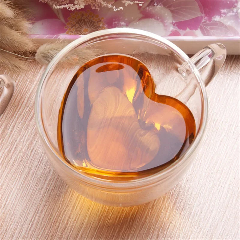 1/2pcs Heart Cup Couple Cup Double Layer Glass Insulated Clear Tea Cups with Handle for Coffee,Cappuccino, Latte, Milk Drinkware