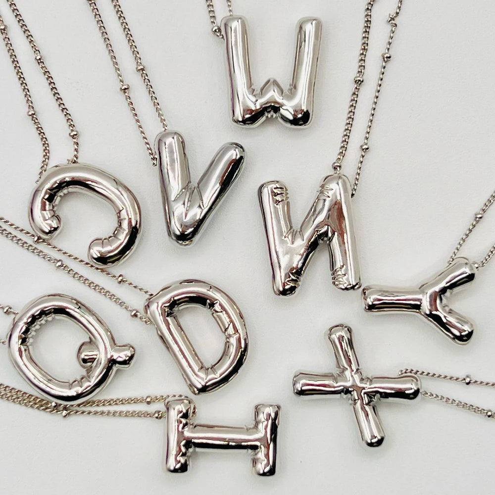 Delicate Chunky Alphabet Balloon Bubble Initial Letter Pendant Necklace for Women Men Stainless Steel Gold Plated Necklaces