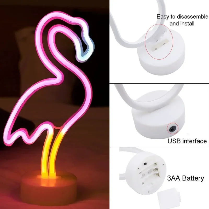 Battery/USB LED Neon Night Light Sign Flamingo Coconut Tree Cactus Table Lamp Kids Birthday Gifts Bedroom Christmas Art Decor