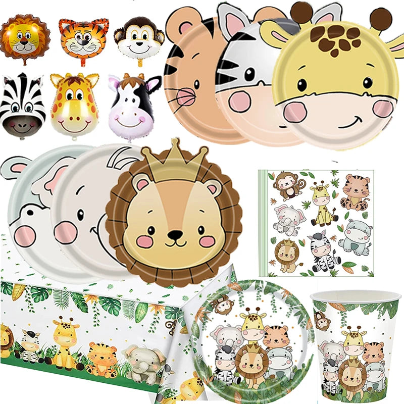 Jungle Animals Disposable Tableware Sets Lion Elephant Tiger Hippo Tablecloth Cups Plate Kids Birthday Safari Party Decoration