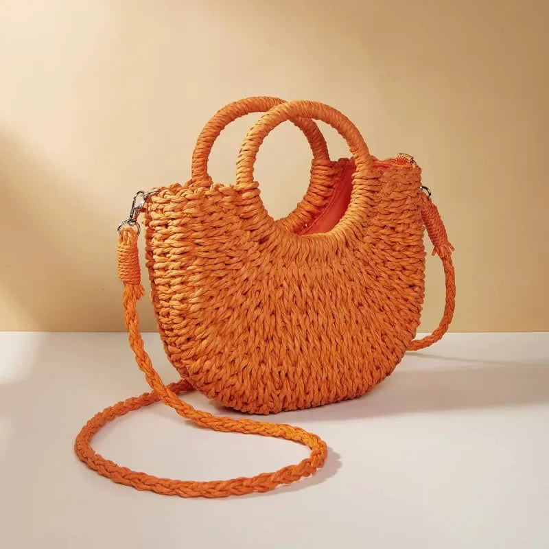 Handwoven Straw Rattan Half-Moon Beach Handbag Large Capacity Women Summer Hollow Out Crossbody Shoulder Bag  crossbody bags