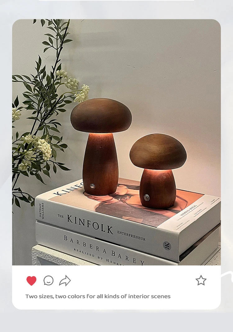 INS Wooden Creative Mushroom Night Light Stepless Dimming Bedside Table Lamp 3 Color Rechargeable Sleeping Nightlights For Room