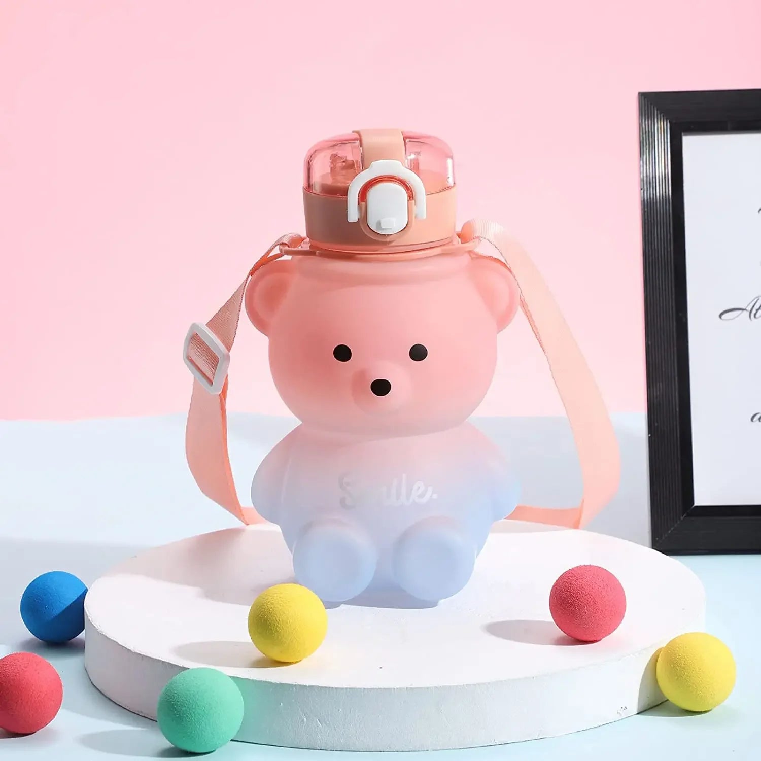 Kawaii Bear Water Straw Bottle 700ml Cute Kids Portable Leakproof Drinking Cups with Strap for Girl School Outdoor Traveling