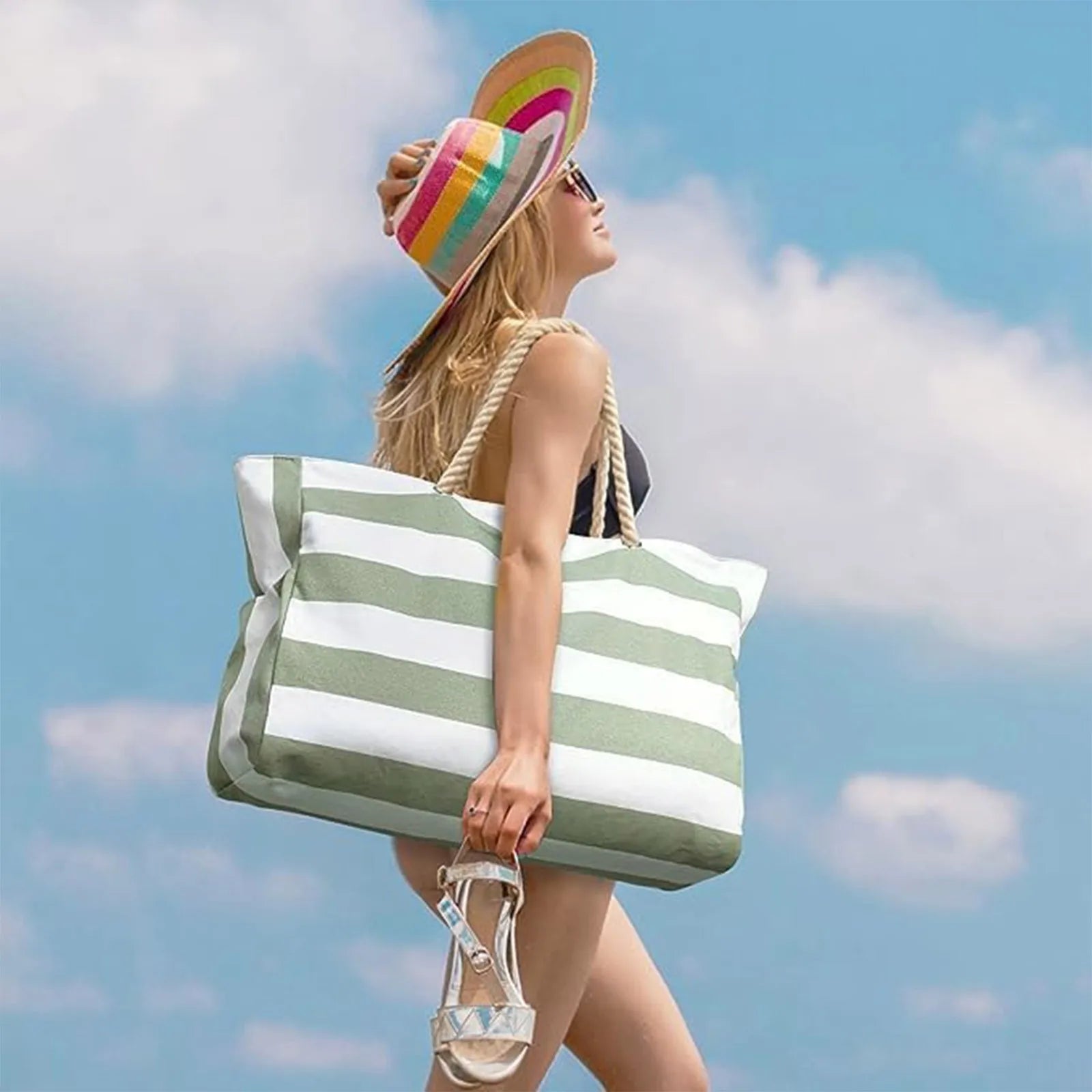 Bohemian Zipper Striped Shoulder Bags Large Capacity Canvas Outdoor Travel Tote Storage Women Camping Swim Pool Beach Bag