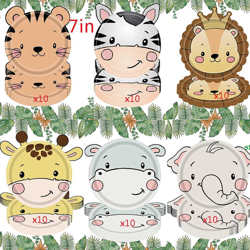 Jungle Animals Disposable Tableware Sets Lion Elephant Tiger Hippo Tablecloth Cups Plate Kids Birthday Safari Party Decoration