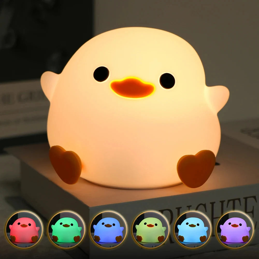 LED Night Light Cute Duck Cartoon Animals Decor Silicone Lamp for Children Kid Touch Sensor Timing USB Rechargeable for Birthday